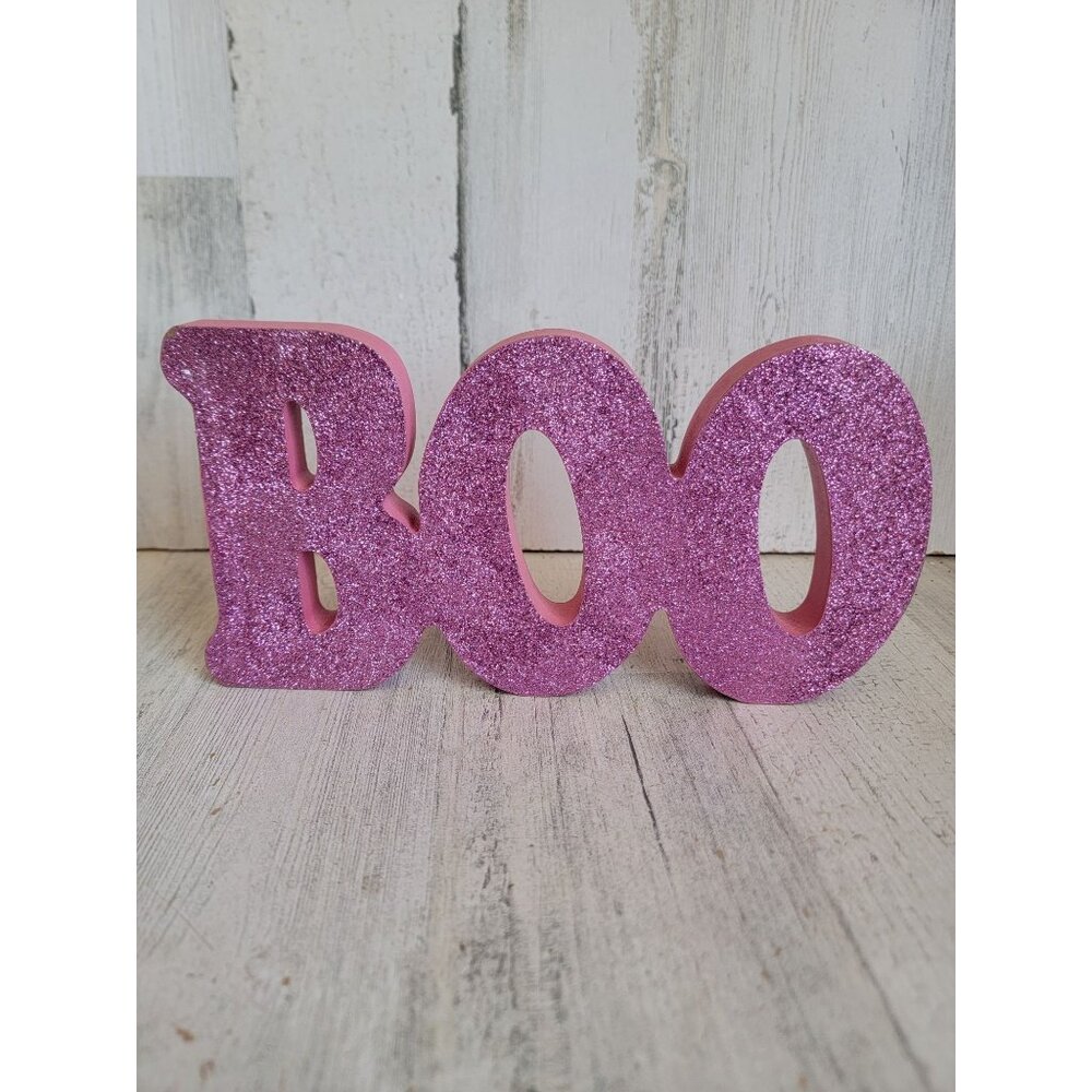 Pink wooden Boo‎ Halloween figure decor glitter spooky